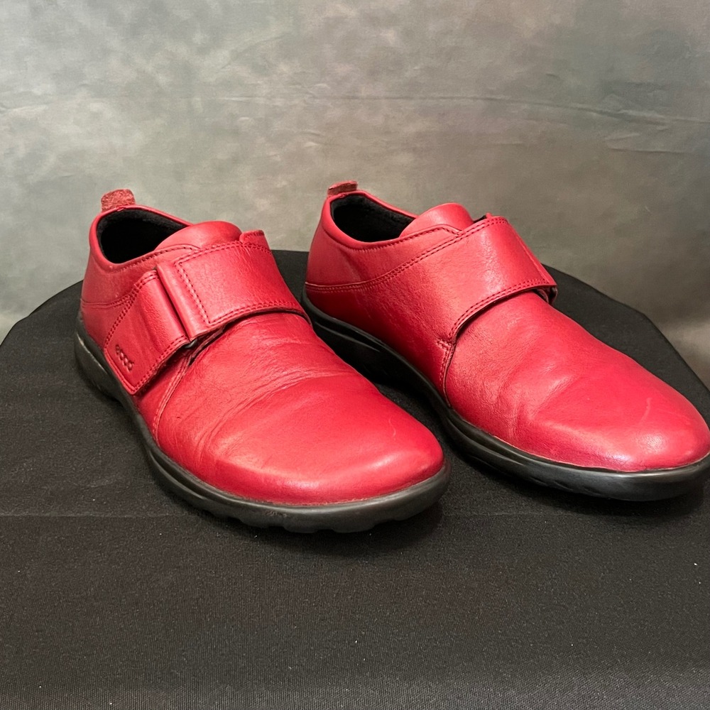 ECCO Soft 1 Red Leather Hook and Loop Low Top Sneakers 156793 Womens 39‎